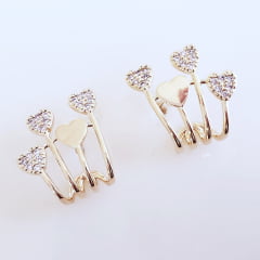 #Brinco ear hook com zircônias coração - banhado a ouro 
