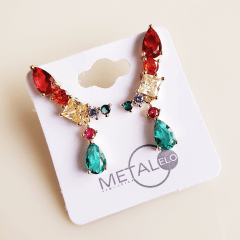 Brinco earcuff cristais e zircônias coloridas - banhado a ouro  