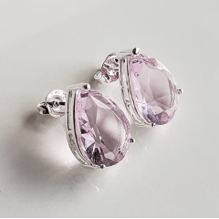 1-Brinco gota cristal rosa - banhado a prata