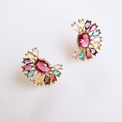 #Brinco leque de cristais multicolor1 - banhado a ouro
