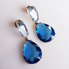 Brinco oval de cristal azul aquamarine e azul ocean - banhado a ouro