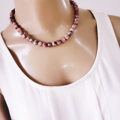 #Colar com bolas jaspe rosa mesclada - banhado a ouro  