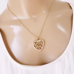 #Colar com pingente coração da árvore da vida com zircônias white - banhado a ouro 