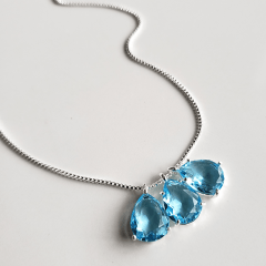 1-Colar com pingente gotas de cristais azul aquamarine- banhado a prata