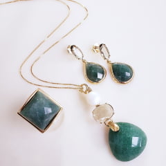 Colar longo com pingente pedra natural quartzo verde, cristal e pérola 3 - banhado a ouro  -v