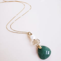 Colar longo com pingente pedra natural quartzo verde, cristal e pérola 3 - banhado a ouro  -v