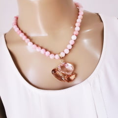 Conjunto colar + brinco de jade rosa e pingente de cristais multicolor - banhado a ouro