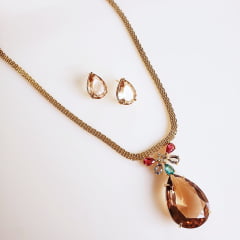 #Conjunto Colar e brinco de corrente malha fita e cristais  multicolor e pingente champanhe 