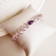 1-Pulseira de cristais rosa com pedra violeta  