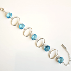 Pulseira de elos ovais  e cristais azul aquamarine - banhada a prata