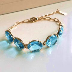 1-Pulseira modelo Priscila de cristais azul aquamarine - banhada a ouro