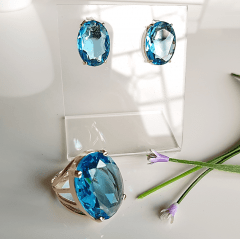 Conjunto anel + brinco de cristal azul aquamarine 