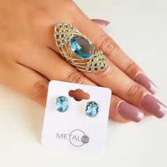 Conjunto anel  e brinco de cristais azul aquamarine e zircônias