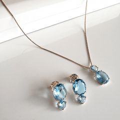 Conjunto colar e brinco de cristais azul aquamarine