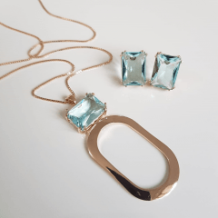 1-Conjunto colar e brinco de cristal aquamarine - quadrado