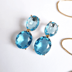 Conjunto corrente colar + brinco de cristais azul aquamarine