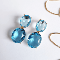 Conjunto corrente colar + brinco de cristais azul aquamarine