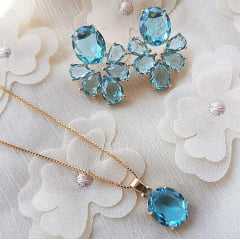 Conjunto com cristais azul aquamarine - colar e brinco 