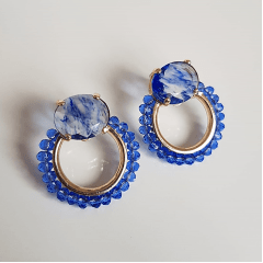 Conjunto cristal azul rutilado com bordado - Modelo Renda 