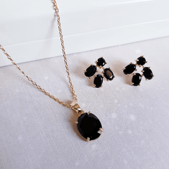 #Conjunto Daily - pedra cristal preto ônix - colar curto e brinco botão    