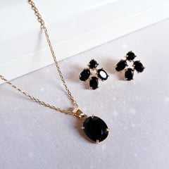 #Conjunto Daily - pedra cristal preto ônix - colar curto e brinco botão    