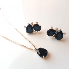 #Conjunto Daily - pedra cristal preto ônix e zircônias - colar curto e brinco -1