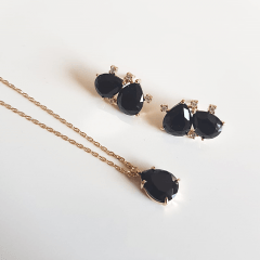 #Conjunto Daily - pedra cristal preto ônix e zircônias - colar curto e brinco -1