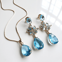 1-Conjunto Premium de cristais azul aquamarine e zircônias