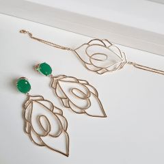 1-Conjunto pulseira e brinco de desenho vazado e cristal verde esmeralda 