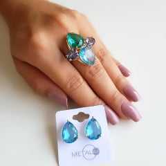 Sugestão de conjunto: anel multicolor e brinco cristal azul aquamarine