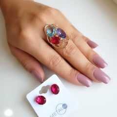 Sugestão de conjunto: anel multicolor e brinco cristal rosa turmalna