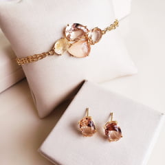 #Conjunto pulseira + brinco rosa morganita + pulseira com cristal multcolor - banhado a ouro  