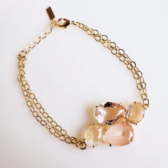 Conjunto pulseira + brinco rosa morganita + pulseira com cristal multcolor - banhado a ouro  