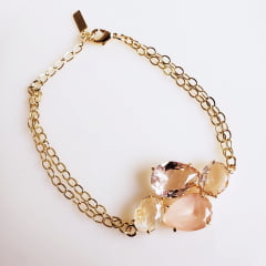 #Conjunto pulseira + brinco rosa morganita + pulseira com cristal multcolor - banhado a ouro  