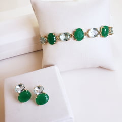 1-Conjunto pulseira + brinco de cristais nos tons verde - banhado a ouro    