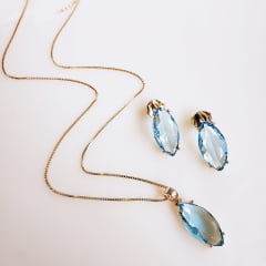 Conjunto colar + brinco com cristais navete azul aquamarine- banhado a ouro  