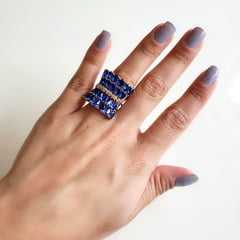 Conjunto anel e brinco de cristais azul safira e zircônias - modelo  Sinfonia - banhado a ouro