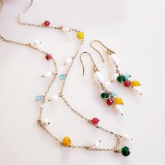 #Conjunto Ateliê com pedras naturais e pérola shell - banhado a ouro  