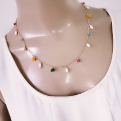 #Conjunto Ateliê com pedras naturais e pérola shell - banhado a ouro  