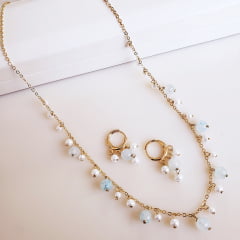 #Conjunto Ateliê com pedras naturais jade azul claro e pérola shell - banhado a ouro   