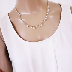#Conjunto Ateliê com pedras naturais jade azul claro e pérola shell - banhado a ouro   