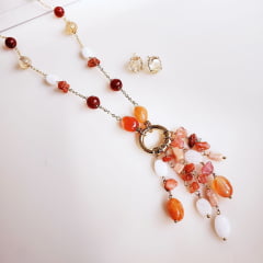 #Conjunto Ateliê com pedras naturais (laranja) - banhado a ouro 