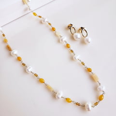 Conjunto Ateliê jade amarela, pérola e cristais - banhado a ouro