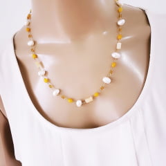 Conjunto Ateliê jade amarela, pérola e cristais - banhado a ouro