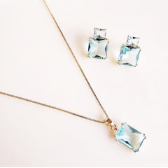 Conjunto colar + brinco com cristais azul aquamarine 1 - banhado a ouro   