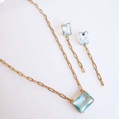 Conjunto colar + brinco com cristais azul aquamarine 1 - banhado  ouro 