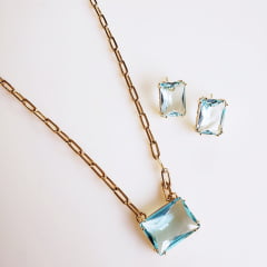 *Conjunto colar + brinco com cristais azul aquamarine  2- banhado  ouro  - 