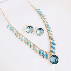 #Conjunto colar + brinco com cristais azul aquamarine - banhado a ouro 