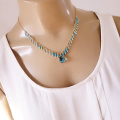 #Conjunto colar + brinco com cristais azul aquamarine - banhado a ouro 