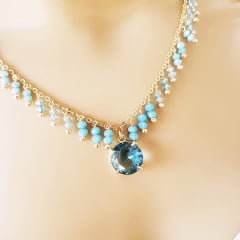 #Conjunto colar + brinco com cristais azul aquamarine - banhado a ouro 